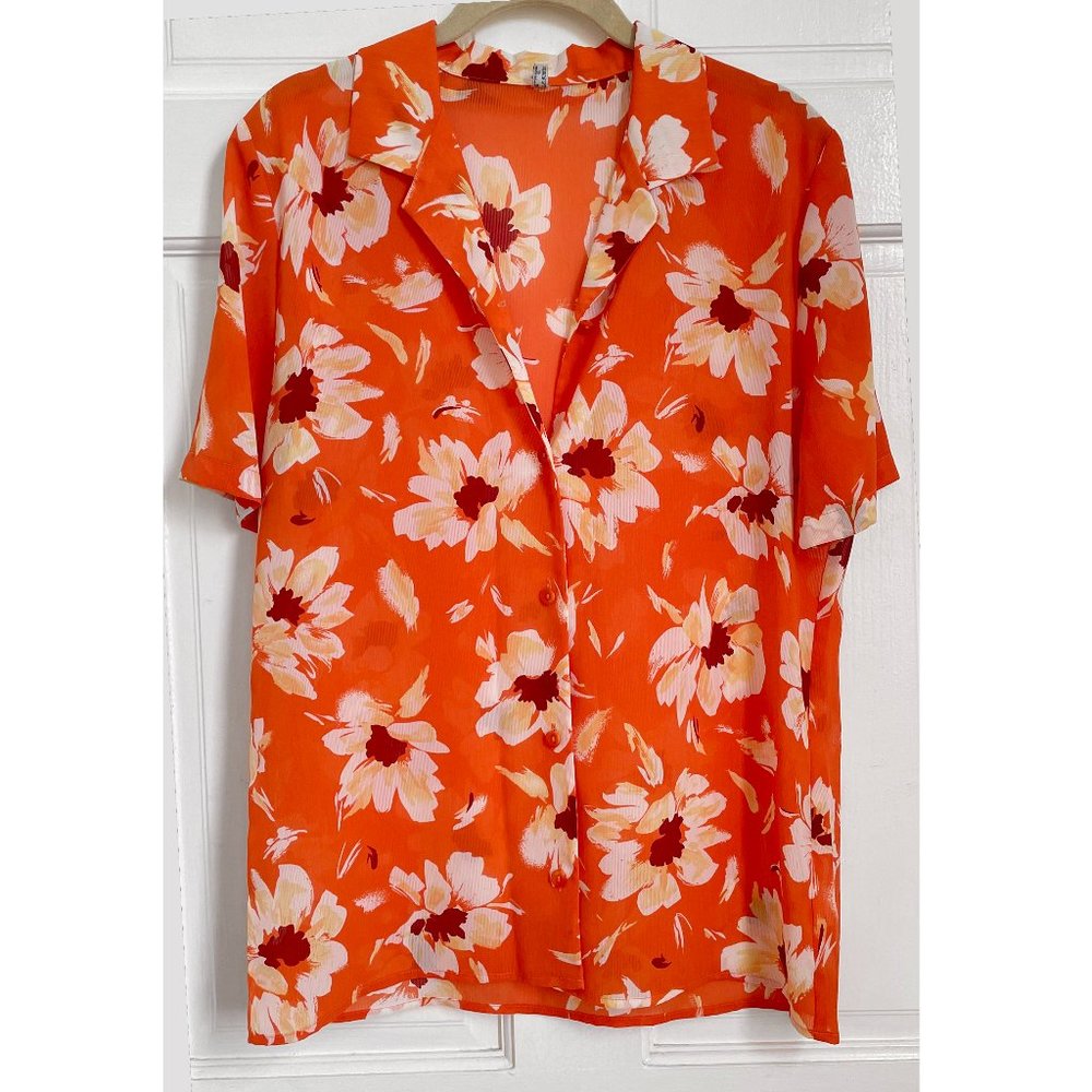 Vintage Hawaiian Shirt Flowy Button Up Down Short Sleeve Floral Orange Collar M